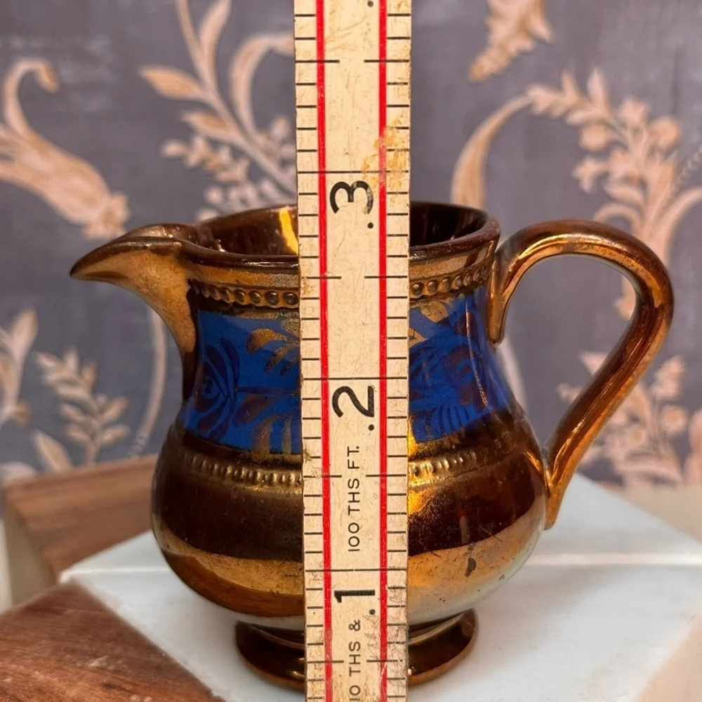 Antique 19th C English Copper Luster Blue Floral Band 3 1/4